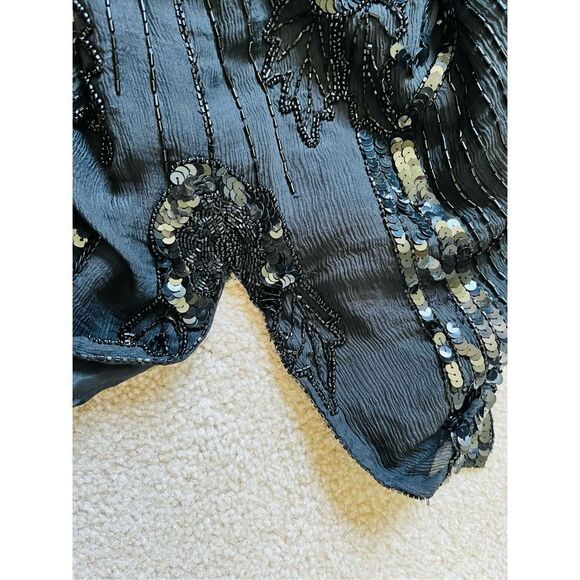 Lillie Rubin Vintage Art Deco Black Silk Beaded Sequined Cocktail Dress Short Sl - Picture 15 of 15